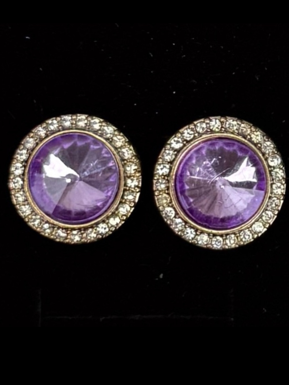 Vintage purple bling, gold-ish silvertone, pierced earrings